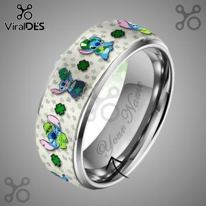 Ring with Stitch character in St. Patrick's Day hats and shamrocks; inside engraving says Your Name.!