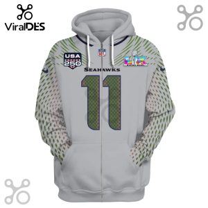 Seahawks #11 all-over print zip hoodie. Features USA 250 patch and Super Bowl design.!