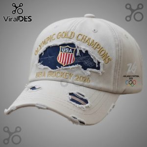 Distressed cap with USA Hockey 2026, Olympic Gold Champions text, and a USA shield emblem!