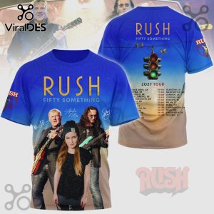 Rush Fifty Something 2027 Tour all-over print t-shirt with band members and tour dates listed.!
