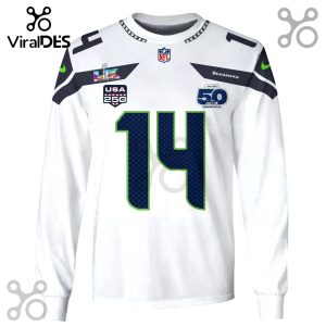 White long sleeve shirt with stylized Seahawks #14, NFL, Super Bowl, USA 250 and 50 Years logos.!