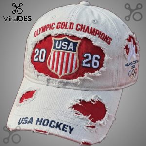 Distressed white hat with 'Olympic Gold Champions,' 'USA Hockey,' the years 20 and 26, and USA shield design.!