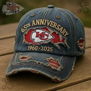 Distressed denim hat with '65th Anniversary 1960-2025' text and Chiefs logo patch.!