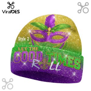 Mardi Gras beanie hat limited edition. Purple, green, and gold knit hat with jester crown design.