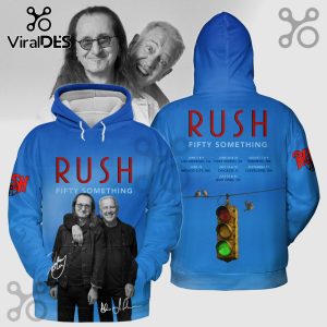 Blue hoodie featuring the band Rush's 'Fifty Something' tour dates and band member images.!