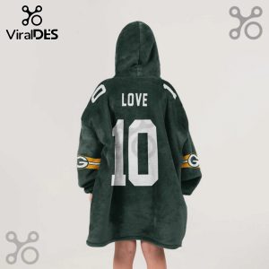 Rear view of a hooded blanket featuring the name LOVE and the number 10 in a Green Bay Packers jersey design.!