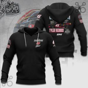 Black hoodie featuring Tyler Reddick #45 race car design. Champion Daytona 500 text and logos are also present.!