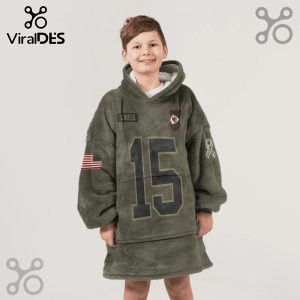 Child in oversized hoodie blanket with 'Chiefs' text, number 15, KC logo, American flag, and cancer ribbon.!