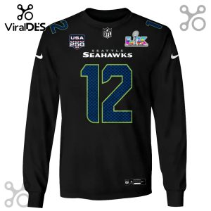 Black long sleeve shirt with Seattle Seahawks theme. Features team name, number 12, and Super Bowl logo.!