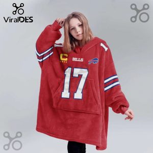 Red oversized hoodie featuring Buffalo Bills theme, number 17, and logos.!