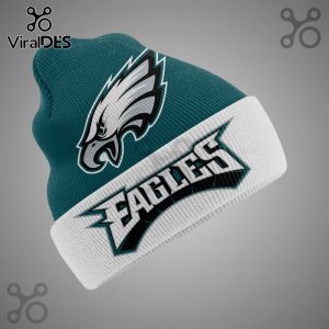 Philadelphia Eagles beanie with logo and team name on a gray background.!