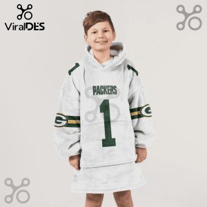 White hoodie blanket featuring 'Packers' and number '1' in green with team logo on sleeves; worn by a child.!