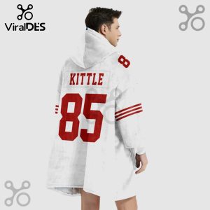 Kittle 85 hooded blanket. Red numbers and text on a white jersey design.!