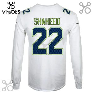White long-sleeved shirt with 'SHAHEED' and the number '22' in blue and green on the back.!