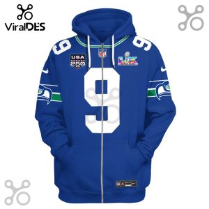 Blue zip hoodie with sports jersey design featuring the number 9, Seattle Seahawks logo, and Super Bowl LVIII emblem.!