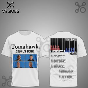 Tomahawk 2026 US Tour dates featuring band members & Melvins listed on a white t-shirt mockup.!