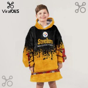Child model wearing a black and gold Steelers wearable blanket hoodie with the team logo and 'Whatever it takes' text.!