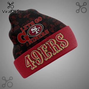 San Francisco 49ers beanie featuring team logo, 'Lets Go Niners' text on a black patterned background and '49ers' on the red brim.!