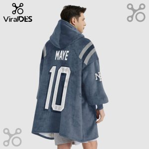 A man wears a hooded blanket with the name MAYE and the number 10 on the back, styled like a sports jersey.!