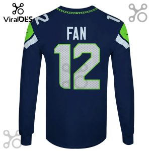 Long sleeve football jersey style shirt; dark blue, white and green accents; FAN printed above 12.!