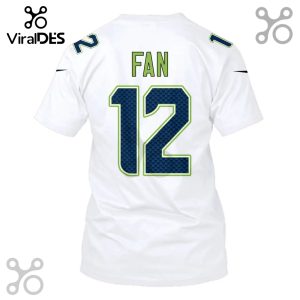 White t-shirt with the word 'FAN' and the number '12' in green and blue sports-style font on the back.!