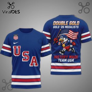 Double Gold '26 Medalists Team USA Blue Jersey with eagle mascot graphic on the back and USA logo and stripes on the front.!