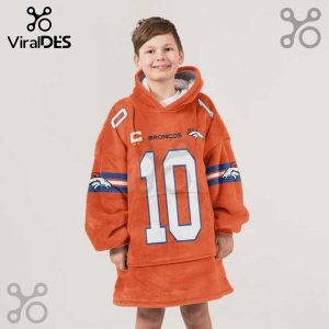 Person wearing an orange, Broncos-themed, number 10 hoodie blanket.!