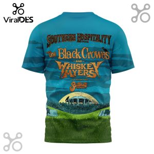 Blue t-shirt back with 'Southern Hospitality Tour The Black Crowes and Whiskey Myers Soulhat' text! Night concert scene with crowd, moon, grass!