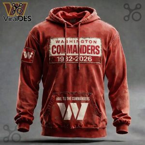 Red hoodie with 'Washington Commanders 1932-2026' design, and the team logo on the sleeve and pocket.!