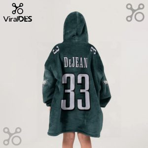 Hooded blanket featuring 'DEJEAN' and '33' on the back, with Eagles logos on sleeves.!