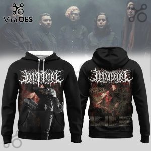 Black hoodie featuring Lorna Shore band logo, screaming vocalist on front, dark graphic figure with branches, and tour dates on back!