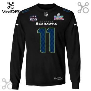 Black, long-sleeved Seattle Seahawks jersey with the number 11, NFL logo, Super Bowl logo, and USA 250 logo.!