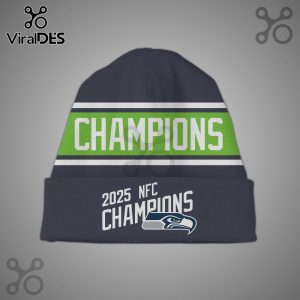 Seattle Seahawks 2025 NFC Champions beanie with team logo and colors.!