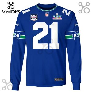 Blue long-sleeved shirt featuring the number '21', USA 250 logo, NFL logo and Seattle Seahawks logos.!