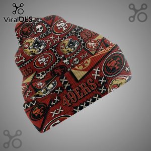 Patterned beanie featuring the 49ers logo, helmets and skulls on a red background.!