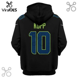 Back of black hoodie with 'KUPP' and the number '10' in blue and green.!