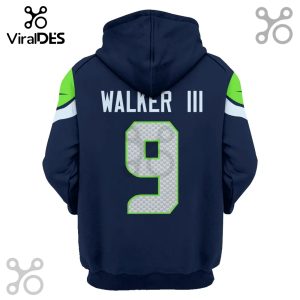 Back of navy blue hoodie with 'WALKER III' and the number '9' in green and white.!