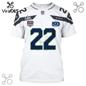 A white t-shirt with a football jersey design featuring the number 22 in green, Seahawks logos, and NFL emblems.!