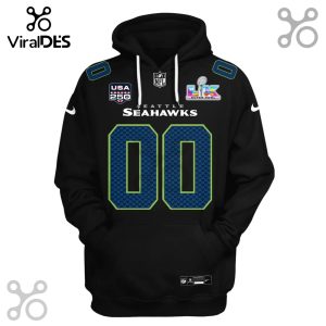 Black hoodie with Seattle Seahawks design, featuring jersey number 00, NFL logo, and Super Bowl LIX emblem.!