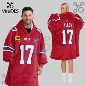 Red Buffalo Bills Blanket Hoodie with 'Allen 17' and team logos displayed on front and back.!