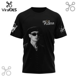 Black t-shirt featuring black and white portrait of Peso Pluma in sunglasses and beret, 'PESO PLUMA' text with dollar sign, skeleton graphic, and signature!