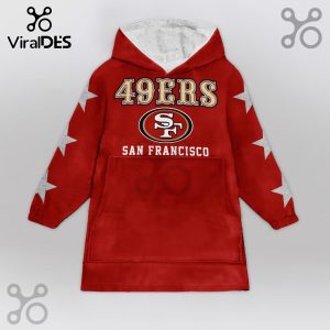 Red hooded blanket featuring '49ers' and 'San Francisco' text with a 49ers logo and stars on the sleeves.!