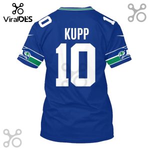 Back of a blue football jersey with the name 'KUPP' and the number '10' in white letters. Seahawks logo on sleeves.!