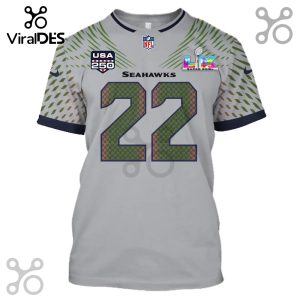 Gray t-shirt featuring 'Seahawks' and the number '22' in green, with USA 250 and Super Bowl logos on the sleeves.!
