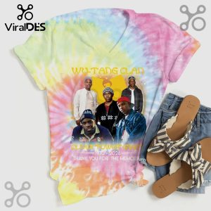 Tie dye V-neck shirt with Wu-Tang Clan members and dates 1970-2026.!