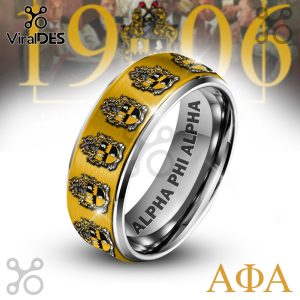 Gold ring with repeated Alpha Phi Alpha fraternity crests. Inner band engraved with 'ALPHA PHI ALPHA' in black letters!