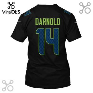 Black t-shirt with 'Darnold' and the number '14' in green and blue, resembling a sports jersey.!