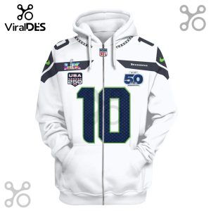 White zip-up hoodie with Seattle Seahawks design and number 10, celebrating the Super Bowl.!