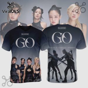 T-shirt featuring K-pop group BLACKPINK. 'GO' text, release date, and group images are displayed.!