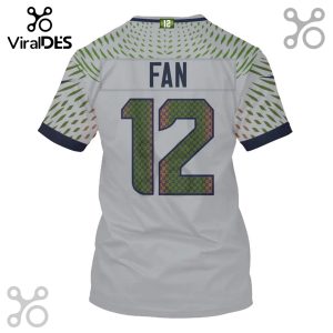 White jersey with green pattern, the word FAN and the number 12. The number is filled with smaller 12s.!